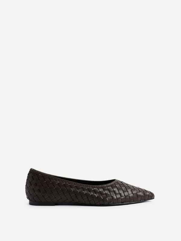 Linzi Brown Faux Leather Woven Pointed Toe Ballet Flats