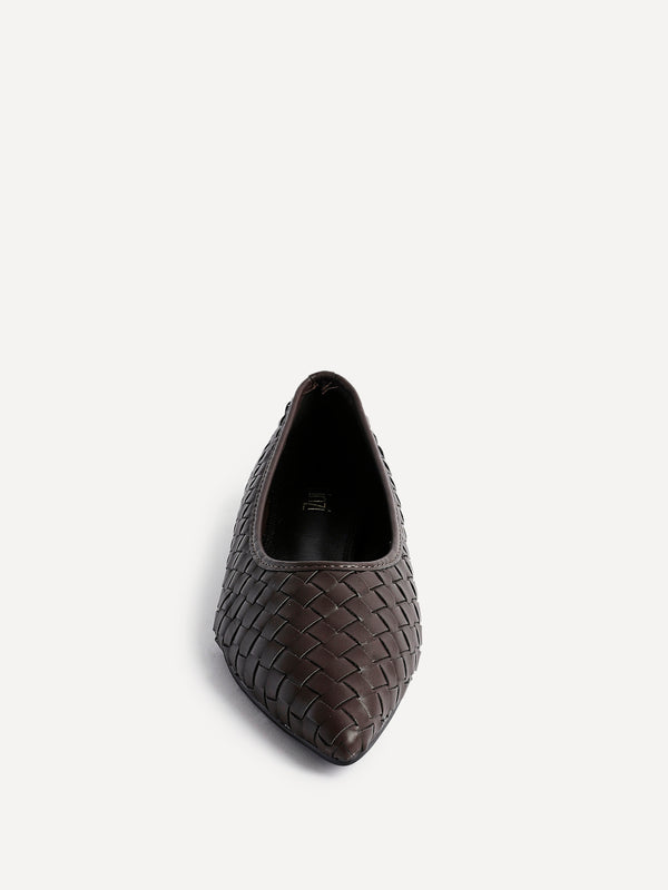 Linzi Brown Faux Leather Woven Pointed Toe Ballet Flats