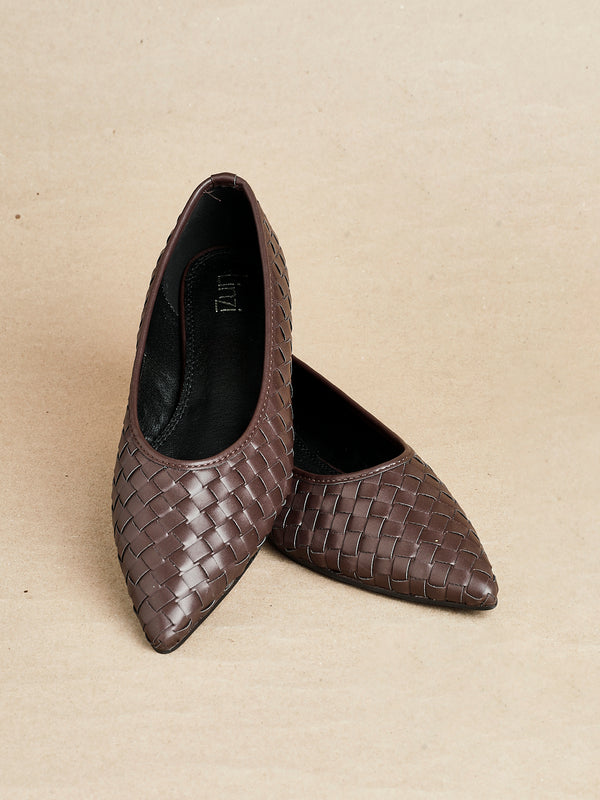 linzi Brown Faux Leather Woven Pointed Toe Ballet Flats