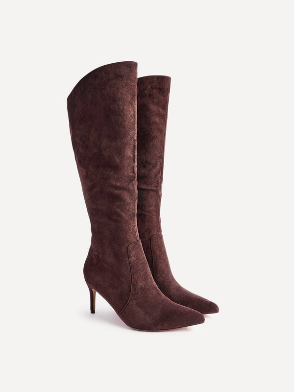 Linzi Brown Faux Suede Assymetric High Leg Stiletto Boot