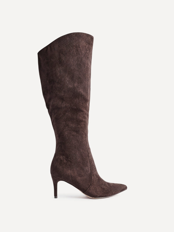 Linzi Brown Faux Suede Assymetric High Leg Stiletto Boot