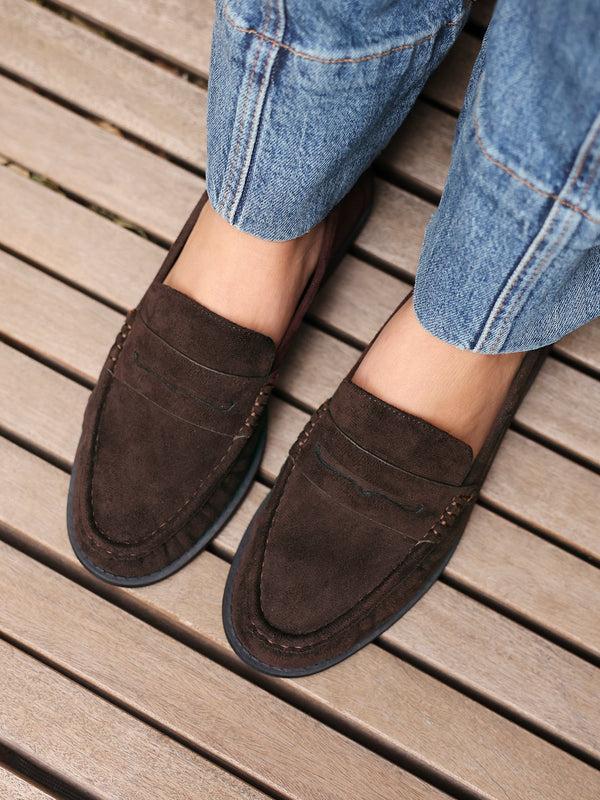 linzi Brown Faux Suede Classic Loafer With Front Tab