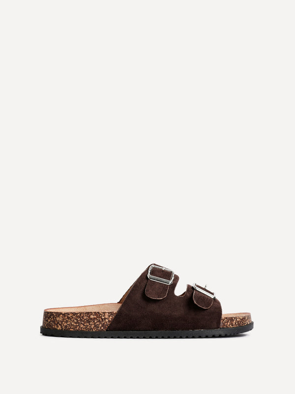 Linzi Brown Faux Suede Double Buckle Footbed Sandal