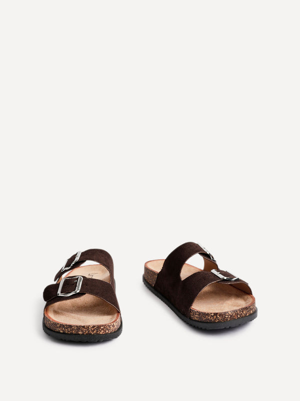 Linzi Brown Faux Suede Double Buckle Footbed Sandal