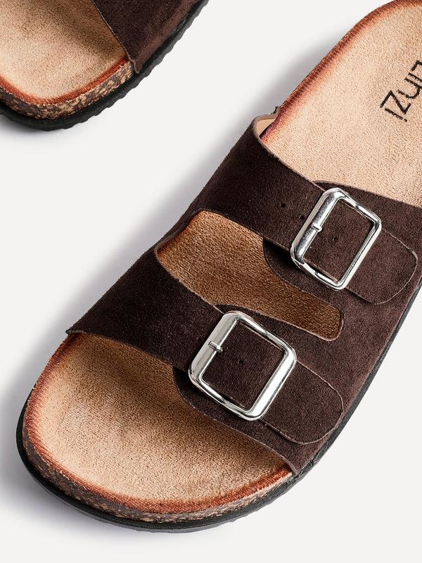 Linzi Brown Faux Suede Double Buckle Footbed Sandal