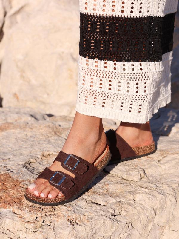 linzi Brown Faux Suede Double Buckle Footbed Sandal