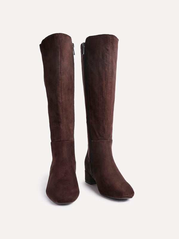 Linzi Brown Faux Suede Low Block Heel High Leg Boot