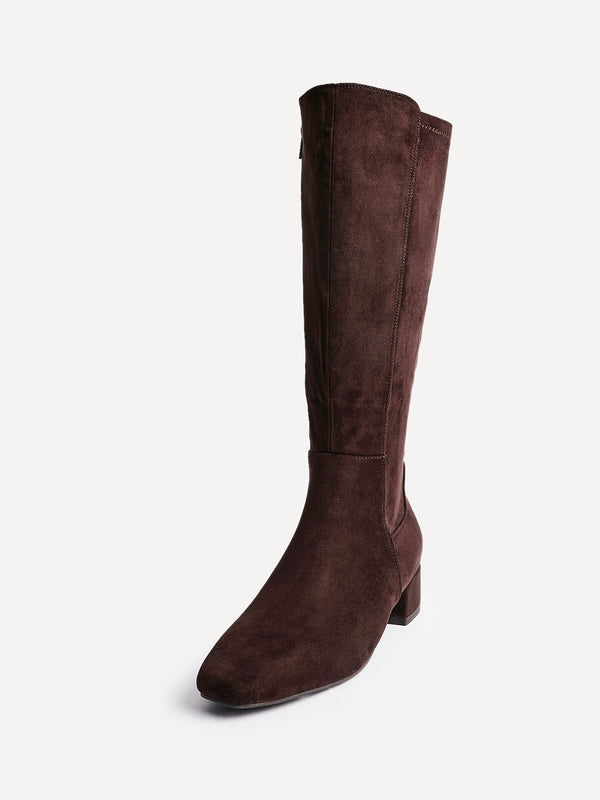 Linzi Brown Faux Suede Low Block Heel High Leg Boot