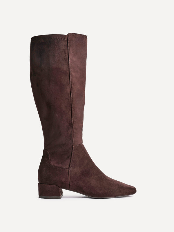 Linzi Brown Faux Suede Low Block Heel High Leg Boot