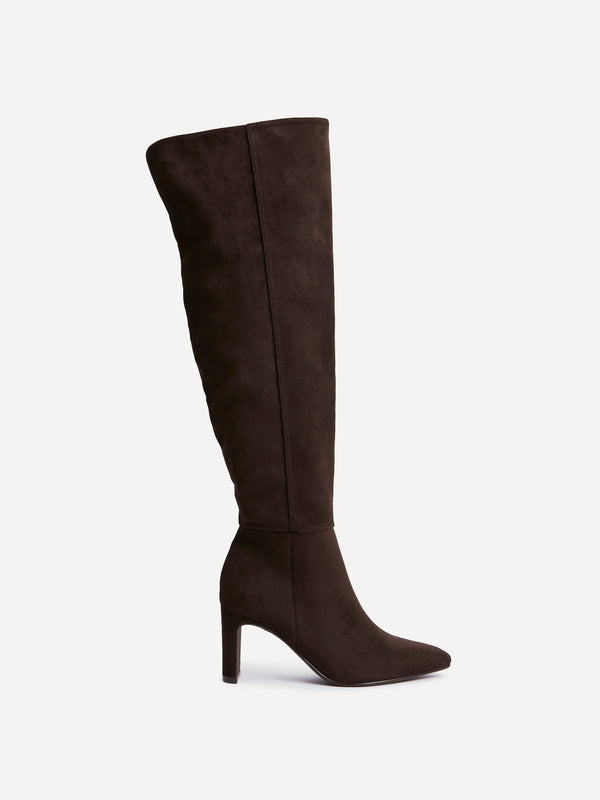 Linzi Brown Faux Suede Over The Knee Block Heeled Boot