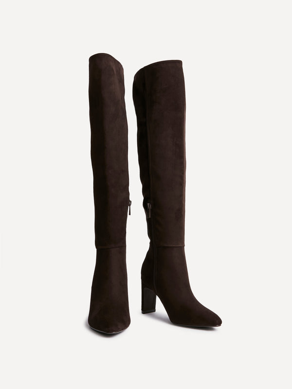 Linzi Brown Faux Suede Over The Knee Block Heeled Boot