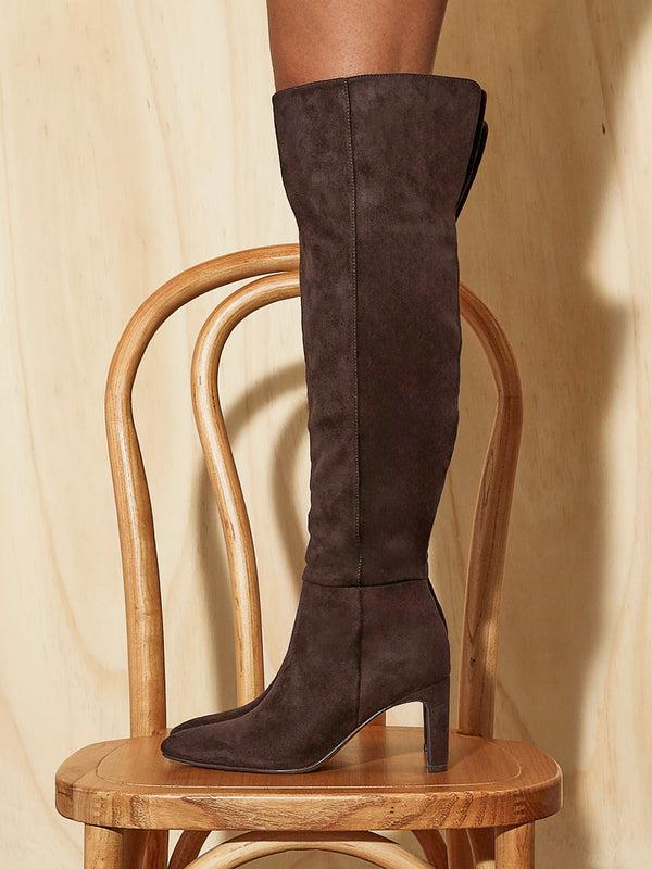 linzi Brown Faux Suede Over The Knee Block Heeled Boot