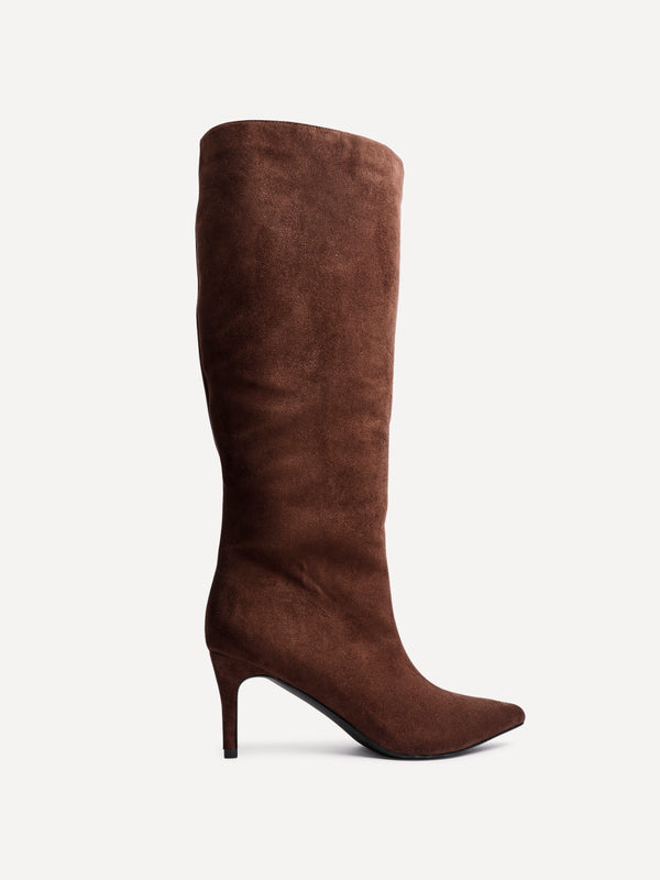 Linzi Brown Faux Suede Pointed Toe High Leg Heeled Boots
