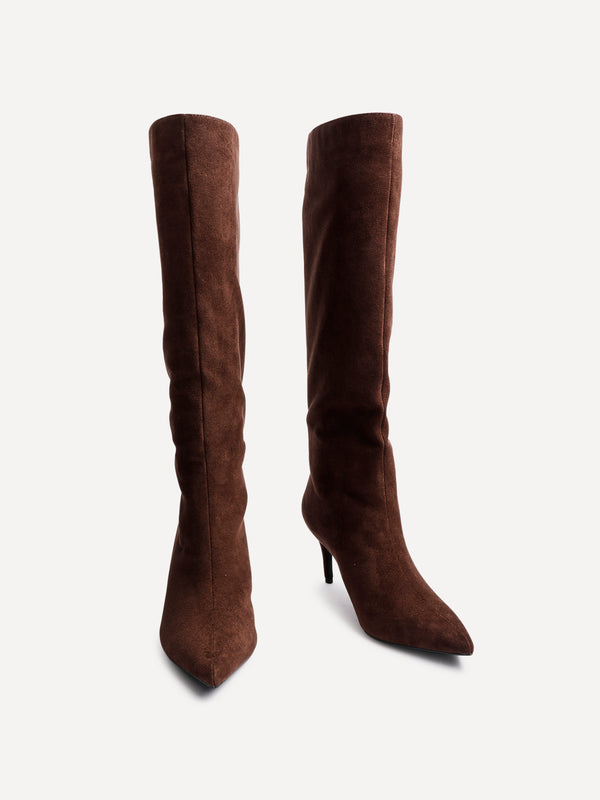 Linzi Brown Faux Suede Pointed Toe High Leg Heeled Boots