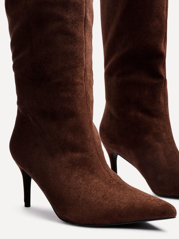 Linzi Brown Faux Suede Pointed Toe High Leg Heeled Boots