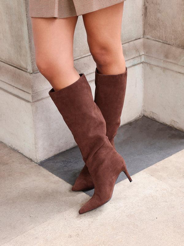 linzi Brown Faux Suede Pointed Toe High Leg Heeled Boots