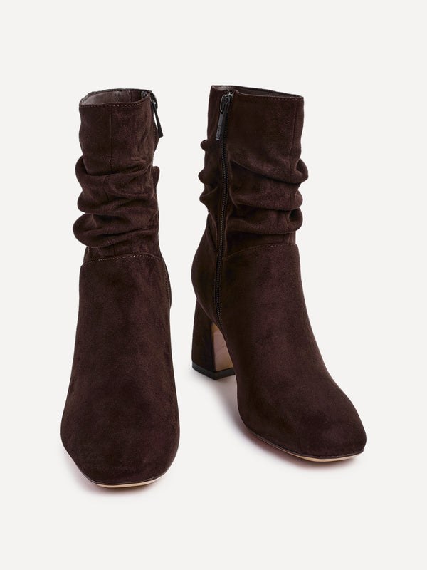 Linzi Brown Faux Suede Ruched Block Heel Ankle Boot