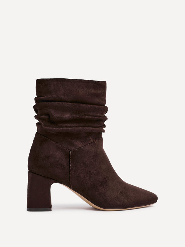 Linzi Brown Faux Suede Ruched Block Heel Ankle Boot