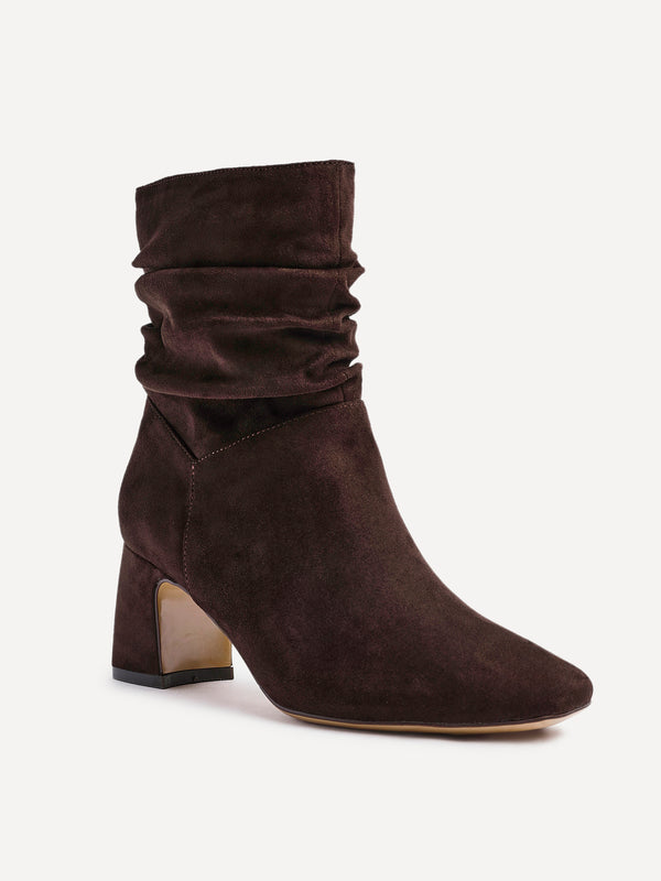 Linzi Brown Faux Suede Ruched Block Heel Ankle Boot