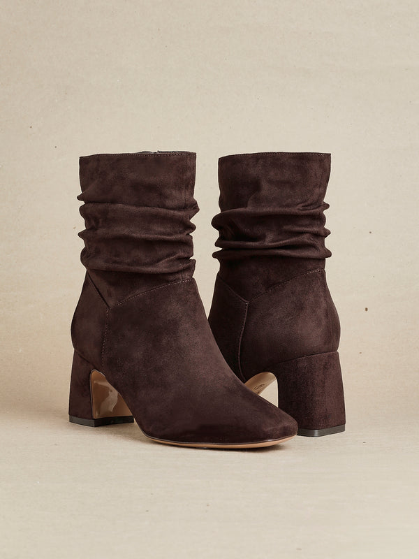 linzi Brown Faux Suede Ruched Block Heel Ankle Boot