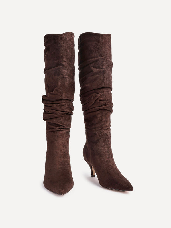 Linzi Brown Faux Suede Ruched Kitten Heel Knee High Boot