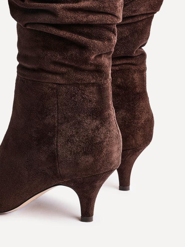 Linzi Brown Faux Suede Ruched Kitten Heel Knee High Boot