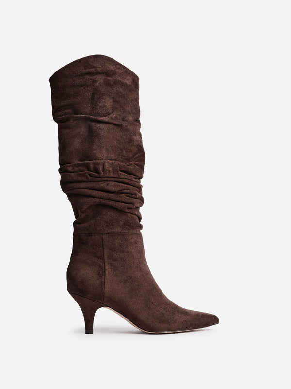Linzi Brown Faux Suede Ruched Kitten Heel Knee High Boot