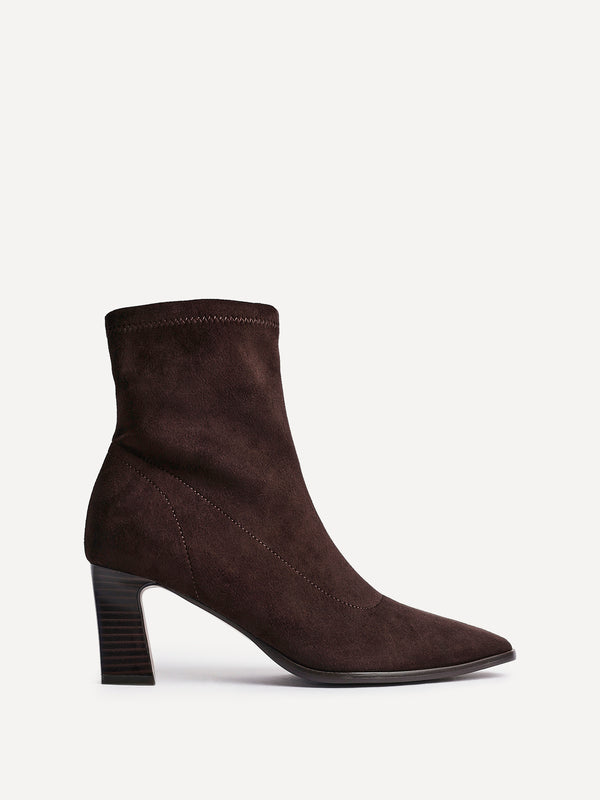 Linzi Brown Faux Suede Sock Ankle Boot With Stacked Heel