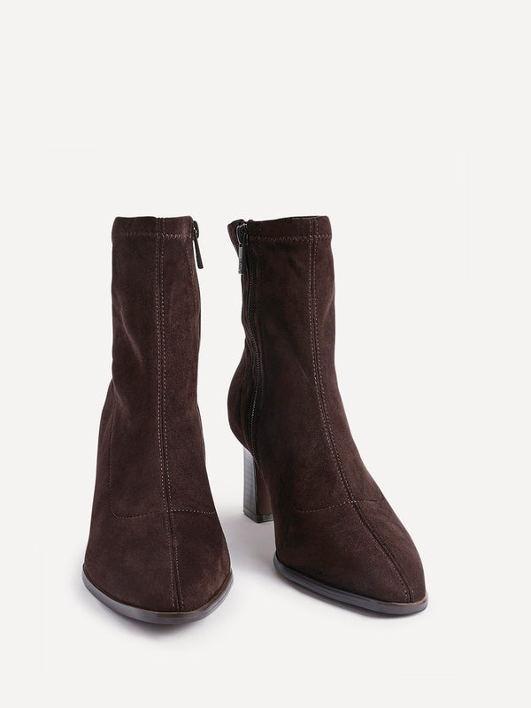 Linzi Brown Faux Suede Sock Ankle Boot With Stacked Heel