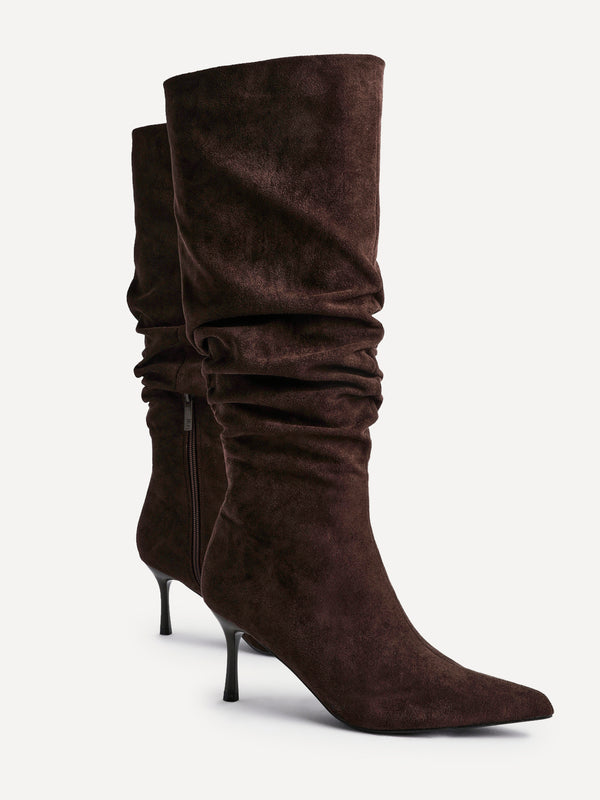 Linzi Brown Suede Ruched High Leg Heeled Boot With Pointed Toe