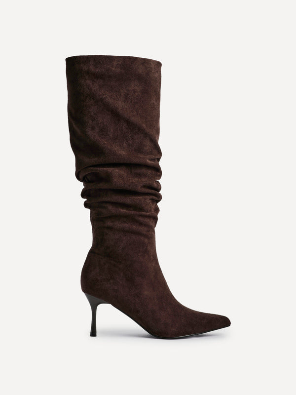 Linzi Brown Suede Ruched High Leg Heeled Boot With Pointed Toe