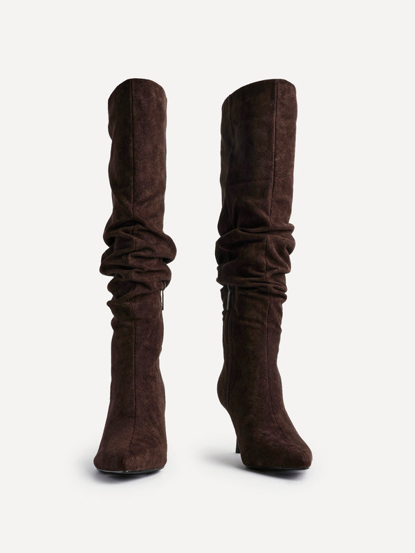 Linzi Brown Suede Ruched High Leg Heeled Boot With Pointed Toe