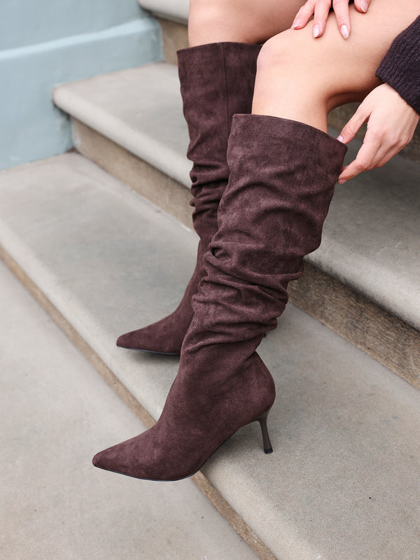 linzi Brown Suede Ruched High Leg Heeled Boot With Pointed Toe