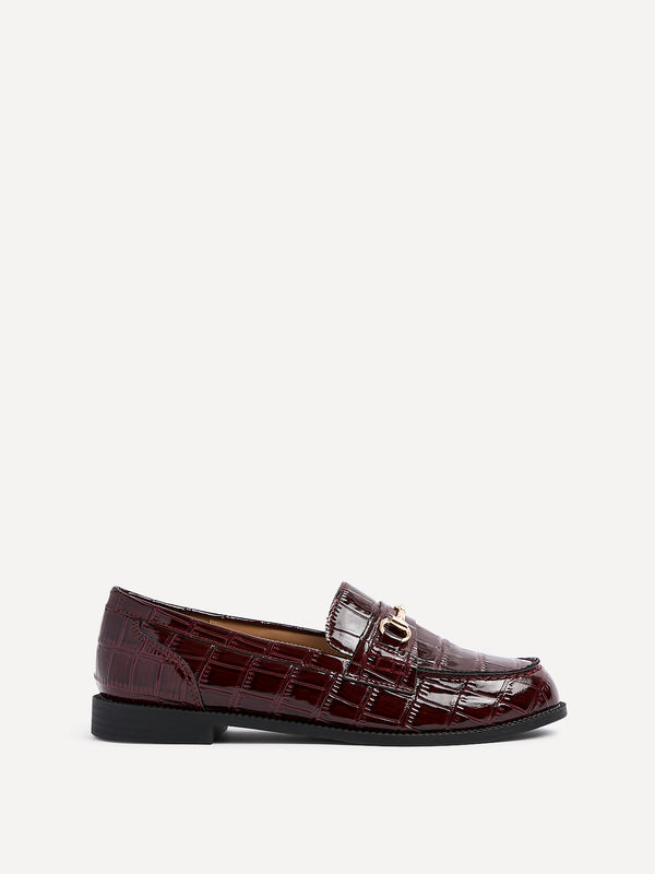 Linzi Burgundy Faux Croc Patent Leather Loafer With Buckle Detail