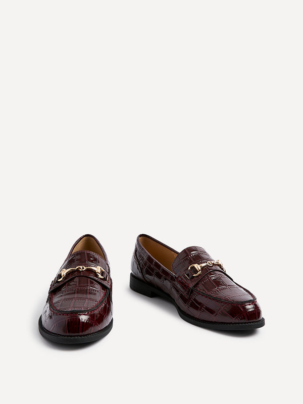 Linzi Burgundy Faux Croc Patent Leather Loafer With Buckle Detail