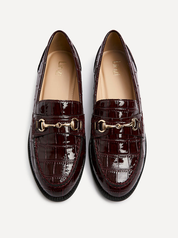 Linzi Burgundy Faux Croc Patent Leather Loafer With Buckle Detail