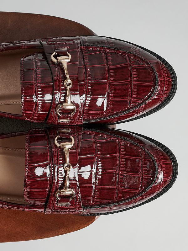 linzi Burgundy Faux Croc Patent Leather Loafer With Buckle Detail
