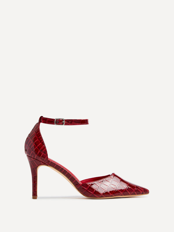 Linzi Burgundy Faux Croc Patent Stiletto Court Heel With Ankle Strap
