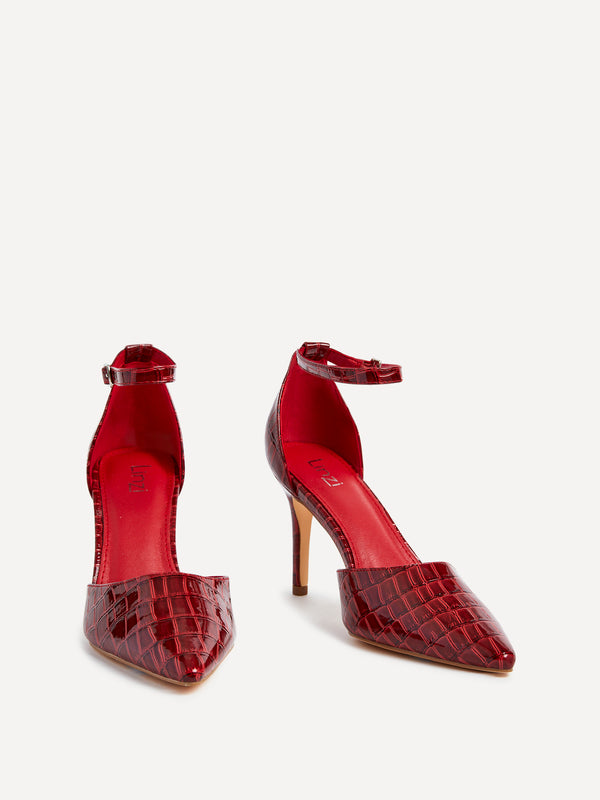 Linzi Burgundy Faux Croc Patent Stiletto Court Heel With Ankle Strap