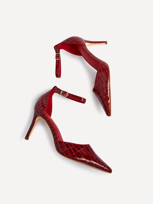 Linzi Burgundy Faux Croc Patent Stiletto Court Heel With Ankle Strap