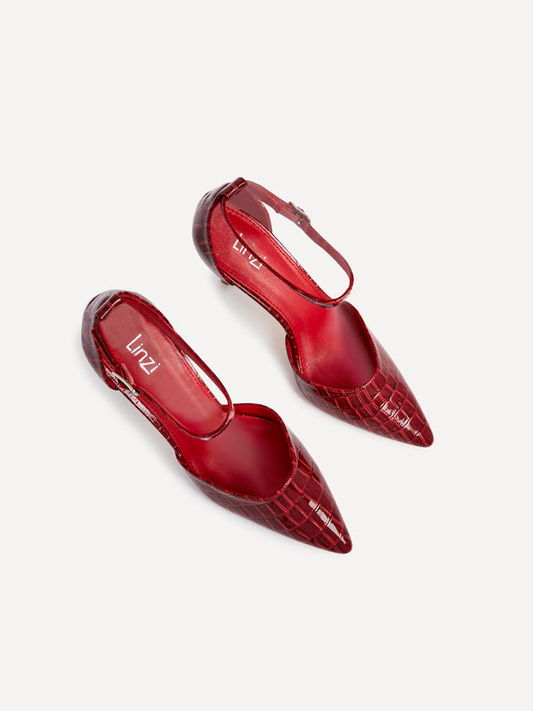 Linzi Burgundy Faux Croc Patent Stiletto Court Heel With Ankle Strap