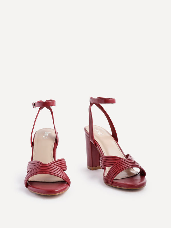 Linzi Burgundy Faux Leather Block Heel With Ribbed Design Front Strap