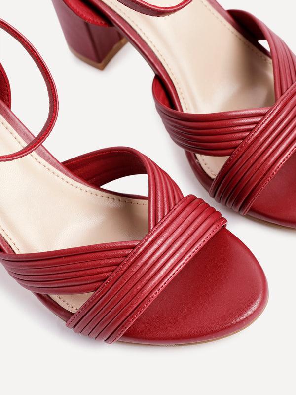 Linzi Burgundy Faux Leather Block Heel With Ribbed Design Front Strap