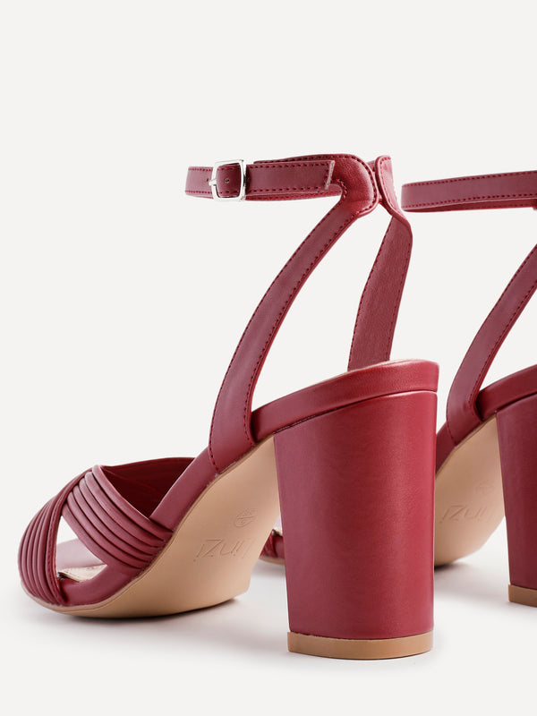 Linzi Burgundy Faux Leather Block Heel With Ribbed Design Front Strap