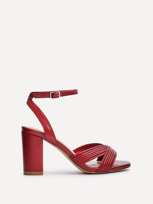 linzi Burgundy Faux Leather Block Heel With Ribbed Design Front Strap