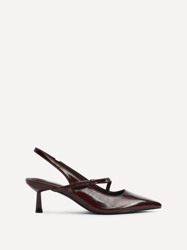Linzi Burgundy Faux Leather Court Heel With Bow Detail