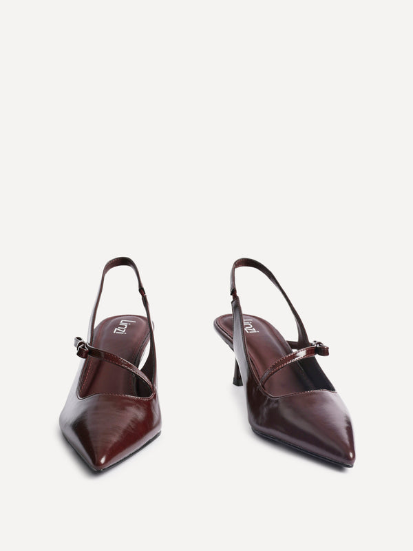 Linzi Burgundy Faux Leather Court Heel With Bow Detail