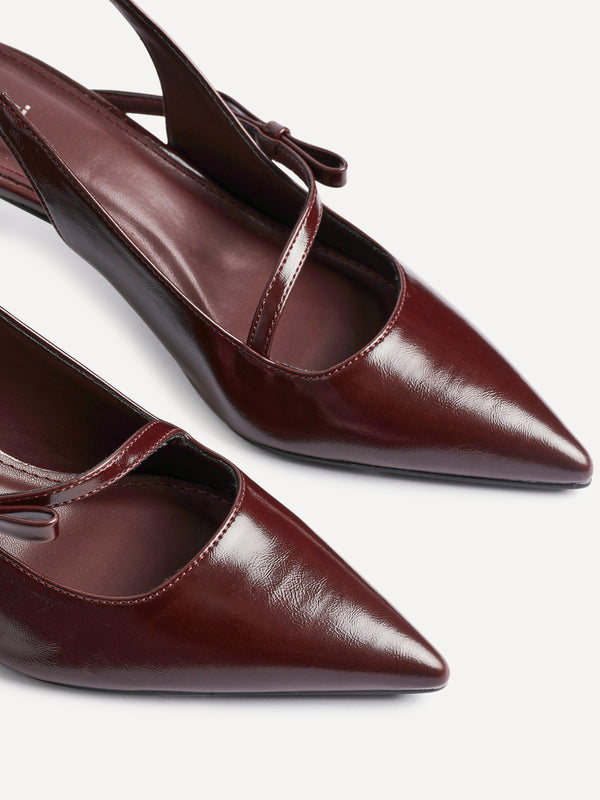 Linzi Burgundy Faux Leather Court Heel With Bow Detail