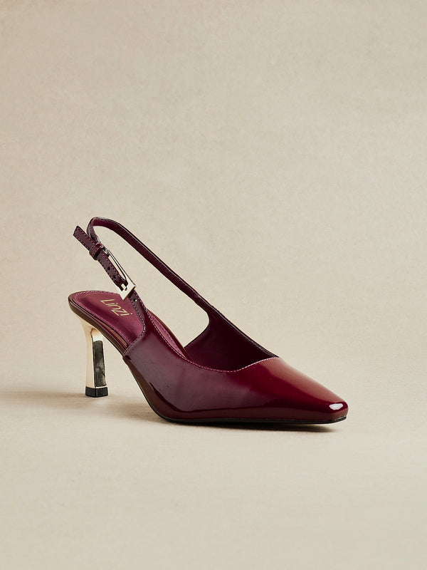 linzi Burgundy Faux Leather Court Heel With Gold Heel Detail