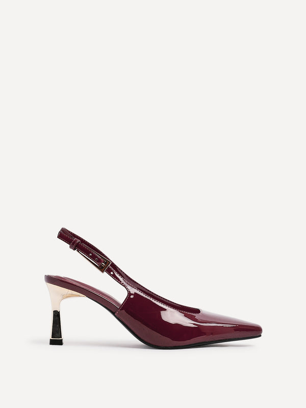 Linzi Burgundy Faux Leather Court Heel With Gold Heel Detail